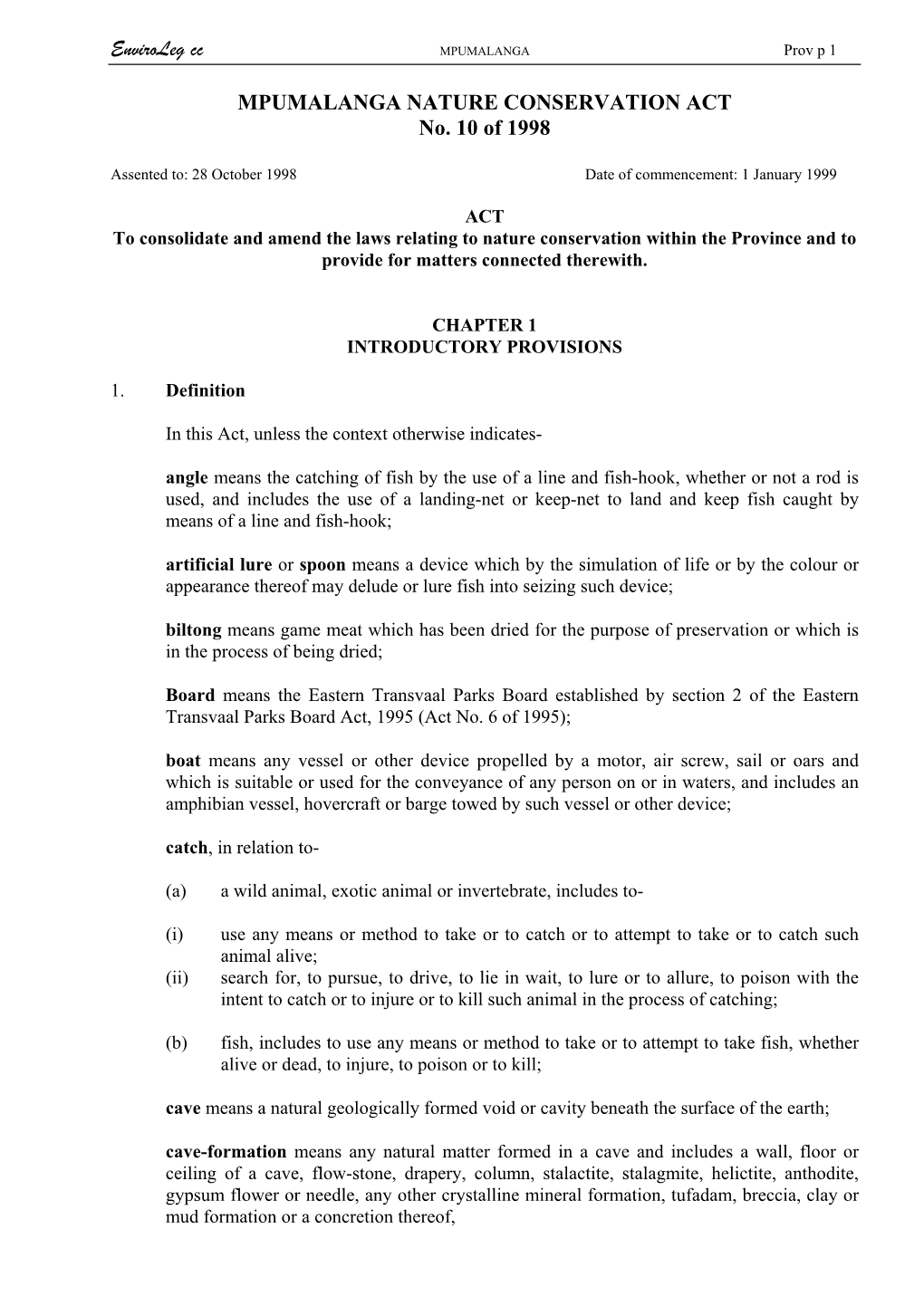Mpumalanga Nature Conservation Act 10 of 1998
