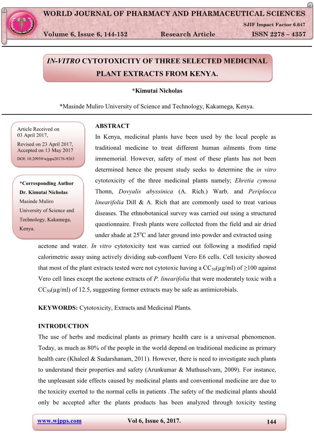 In-Vitro Cytotoxicity of Three Selected Medicinal Plant Extracts from Kenya