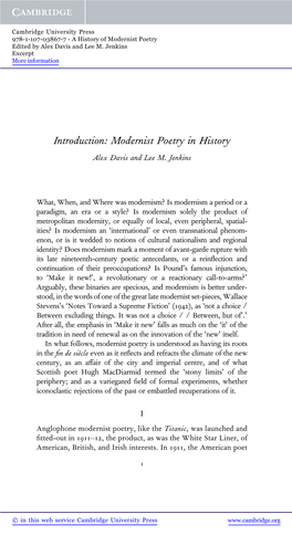 Introduction: Modernist Poetry in History Alex Davis and Lee M