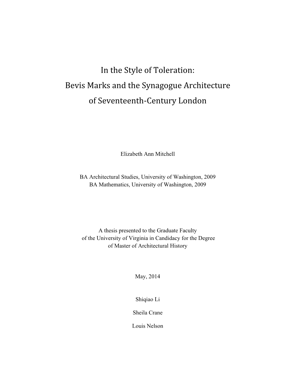 In the Style of Toleration: Bevis Marks and the Synagogue Architecture of Seventeenth-Century London