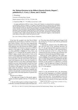 Belated Decision in the Hilbert-Einstein Priority Dispute”, Published by L