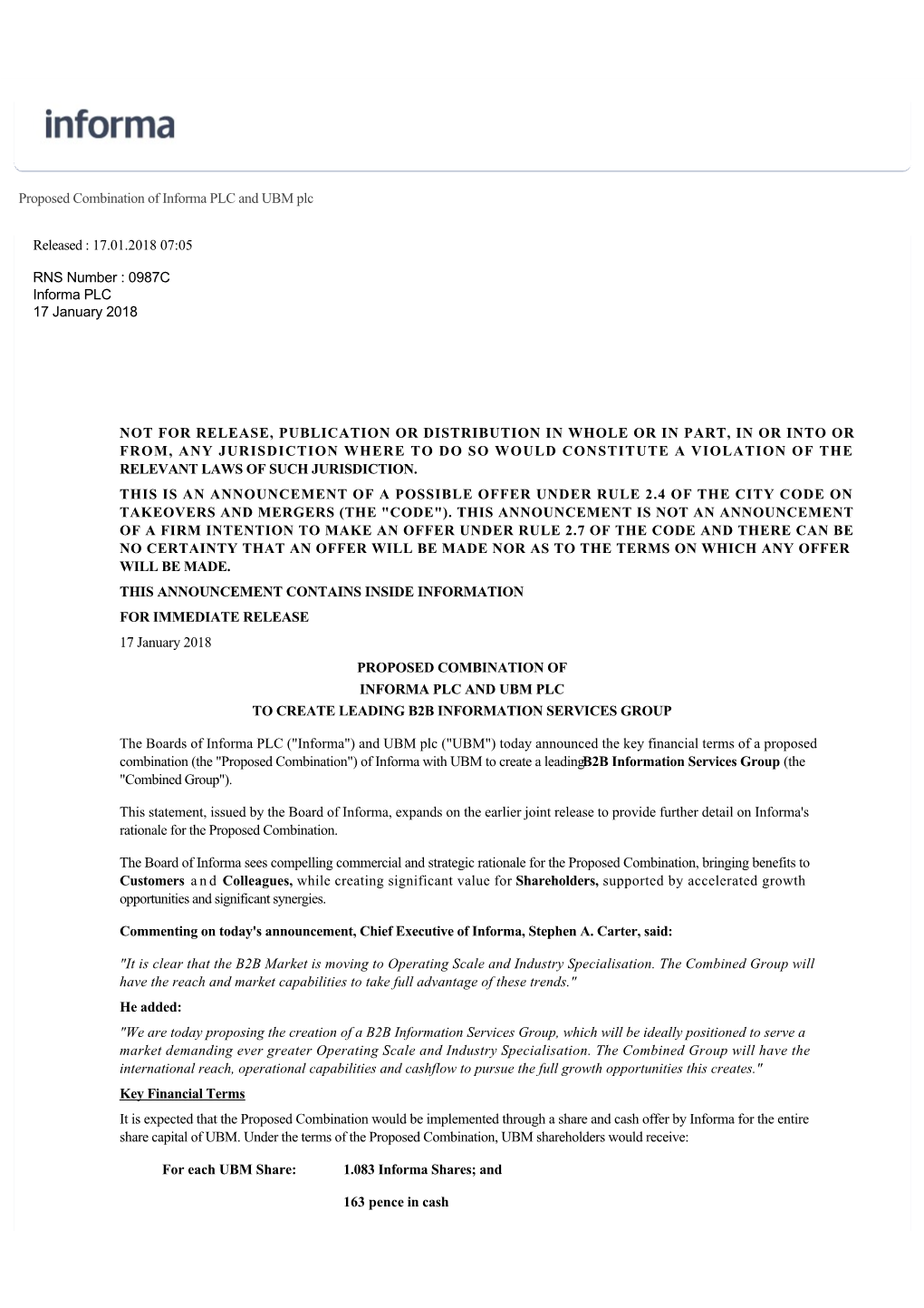 Proposed Combination of Informa PLC and UBM Plc