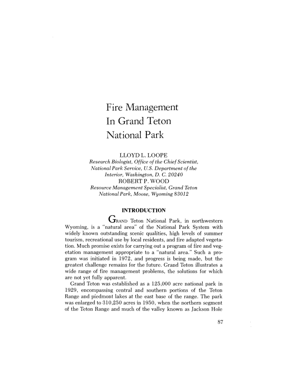 F Ire Management in Grand Teton National Park