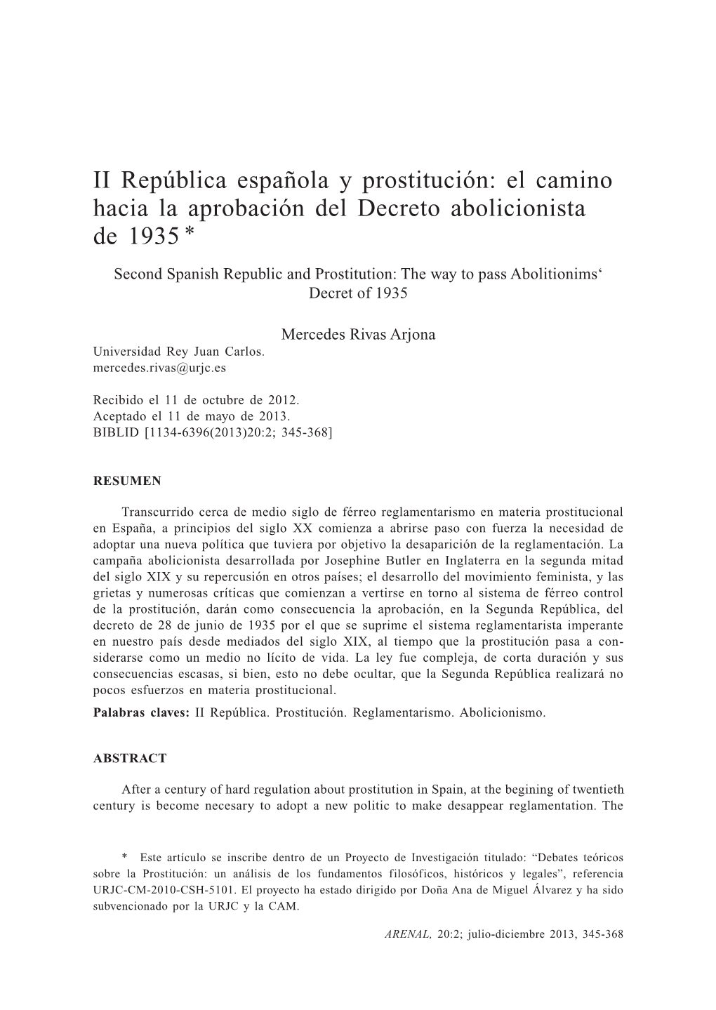 II República Española Y Prostitución: El Camino Hacia La Aprobación Del Decreto Abolicionista De 1935 *