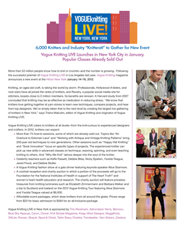 Vogue Knitting LIVE Launches in New York City in January