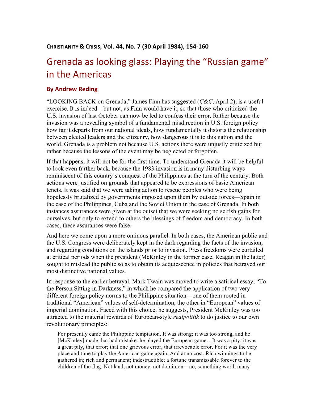 Grenada As Looking Glass: Playing the “Russian Game” in the Americas