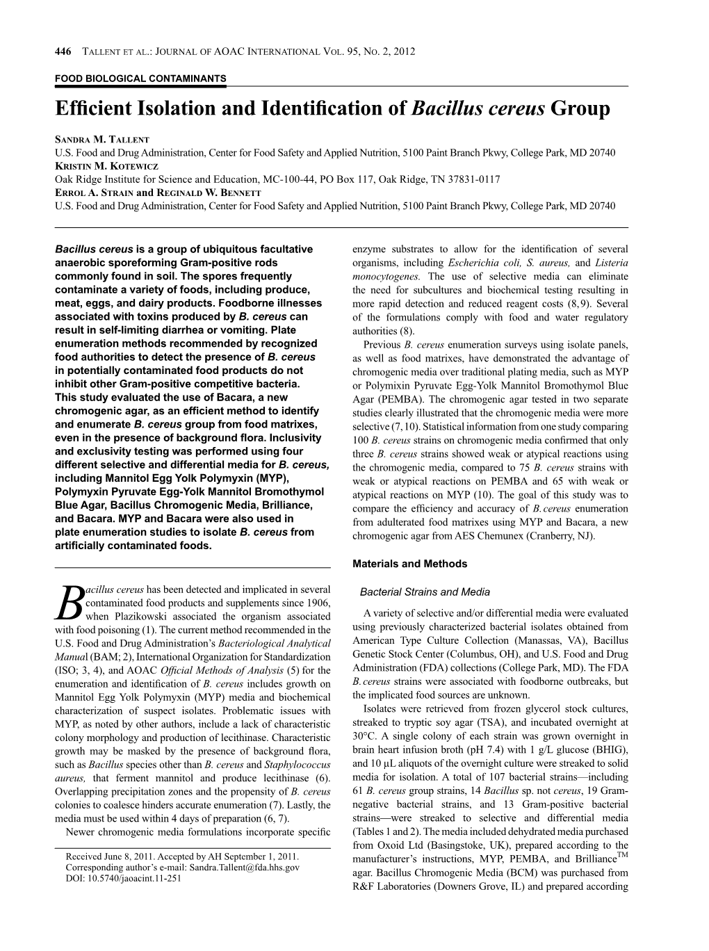 Efficient Isolation and Identification of Bacillus Cereus Group