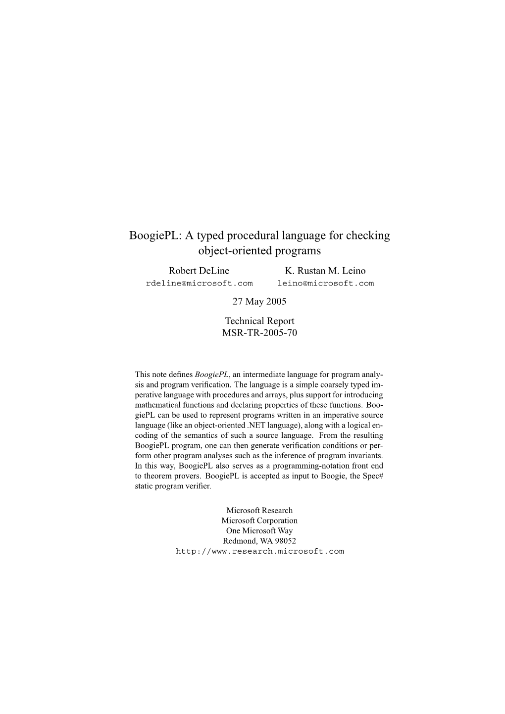 A Typed Procedural Language for Checking Object-Oriented Programs Robert Deline K