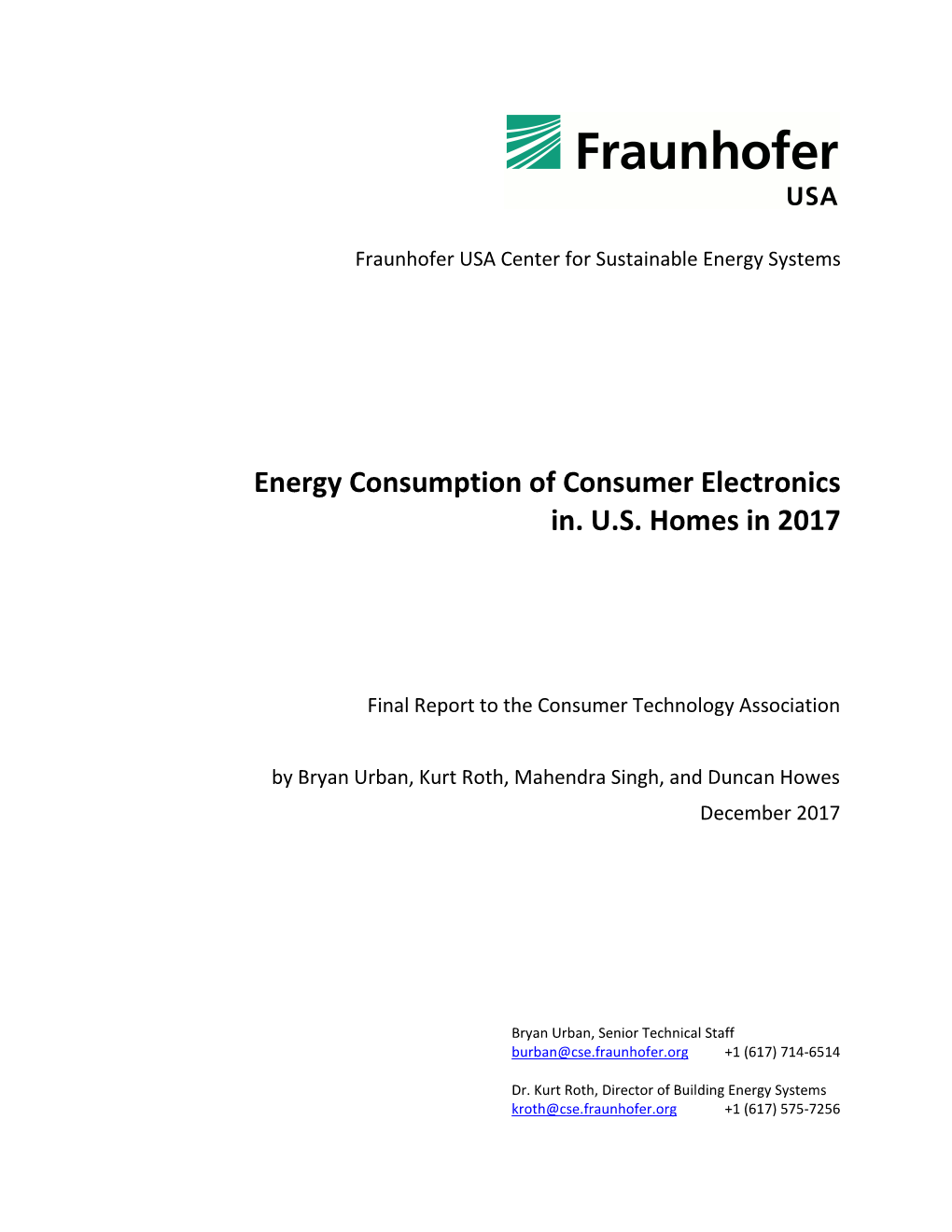 Energy Consumption of Consumer Electronics In. U.S. Homes in 2017