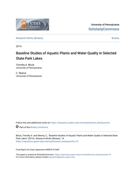 Baseline Studies of Aquatic Plants and Water Quality in Selected State Park Lakes