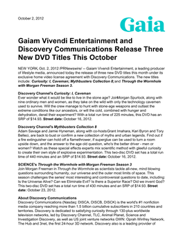 Gaiam Vivendi Entertainment and Discovery Communications Release Three New DVD Titles This October