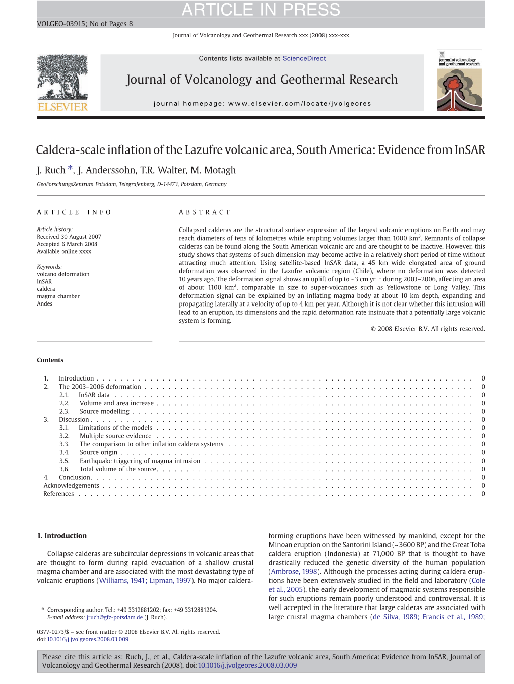 ARTICLE in PRESS VOLGEO-03915; No of Pages 8 Journal of Volcanology and Geothermal Research Xxx (2008) Xxx-Xxx