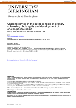 Cholangiocytes in the Pathogenesis of Primary Sclerosing Cholangitis and Development of Cholangiocarcinoma Chung, Brian; Karlsen, Tom Hemming; Folseraas, Trine