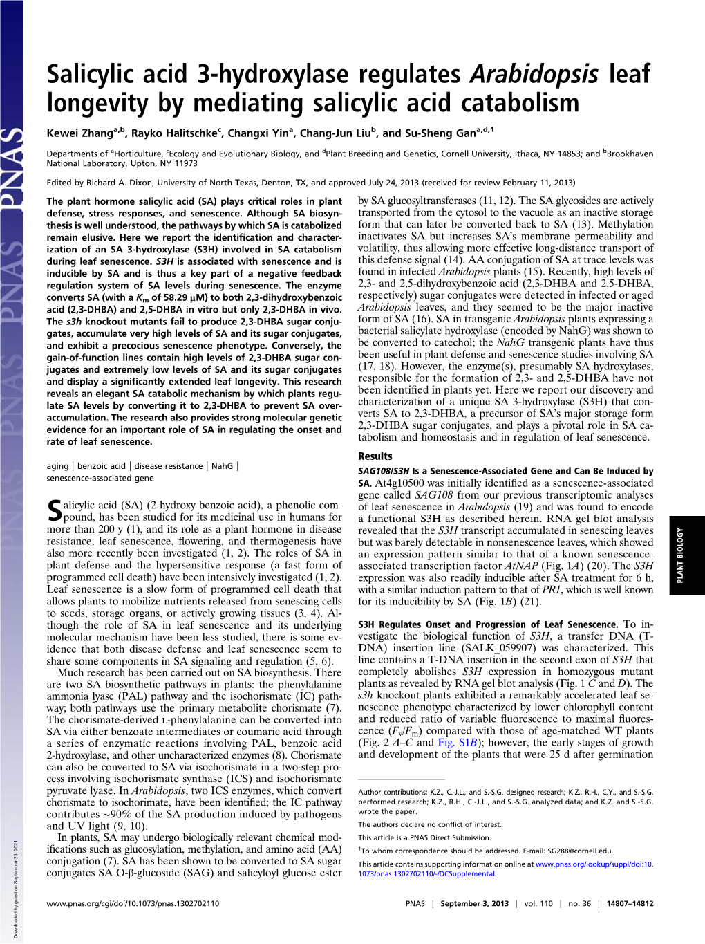 Salicylic Acid 3-Hydroxylase Regulates Arabidopsis Leaf Longevity by Mediating Salicylic Acid Catabolism