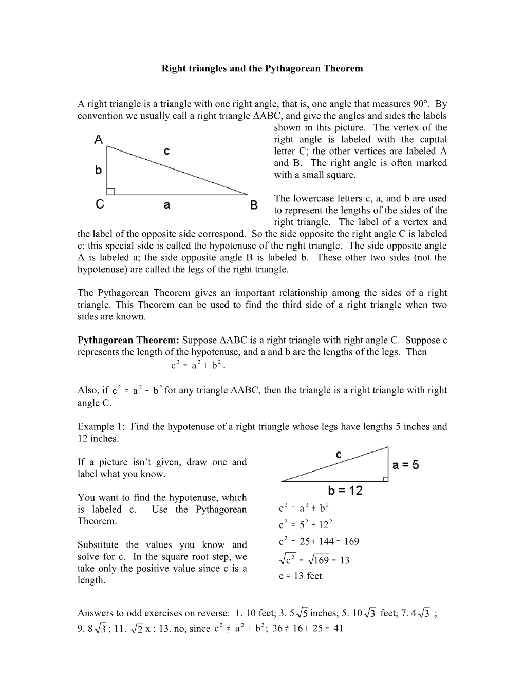 Right Triangles and the Pythagorean Theorem