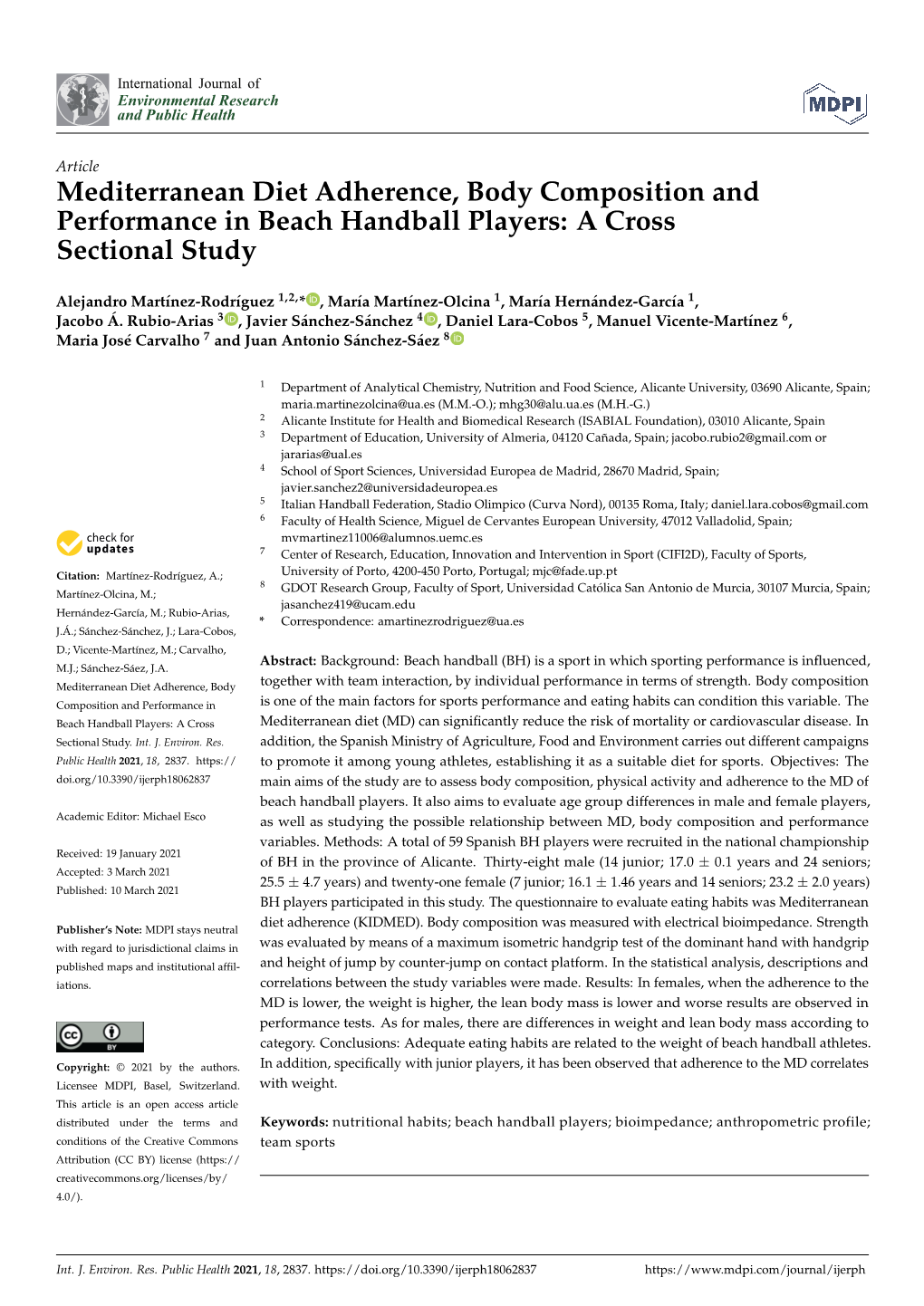 Mediterranean Diet Adherence, Body Composition and Performance in Beach Handball Players: a Cross Sectional Study