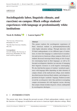 Sociolinguistic Labor, Linguistic Climate, and Race(Ism) on Campus: Black College Students’ Experiences with Language at Predominantly White Institutions