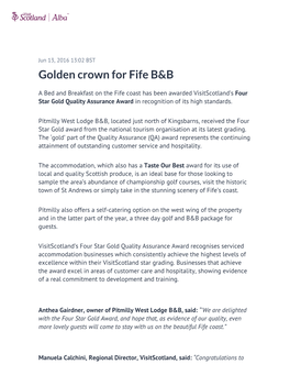 Golden Crown for Fife B&B