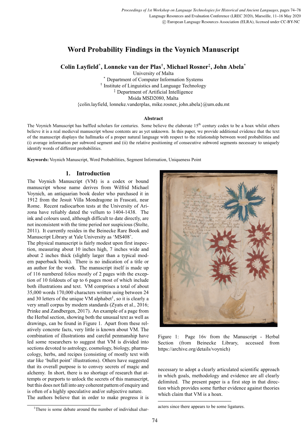 Word Probability Findings in the Voynich Manuscript