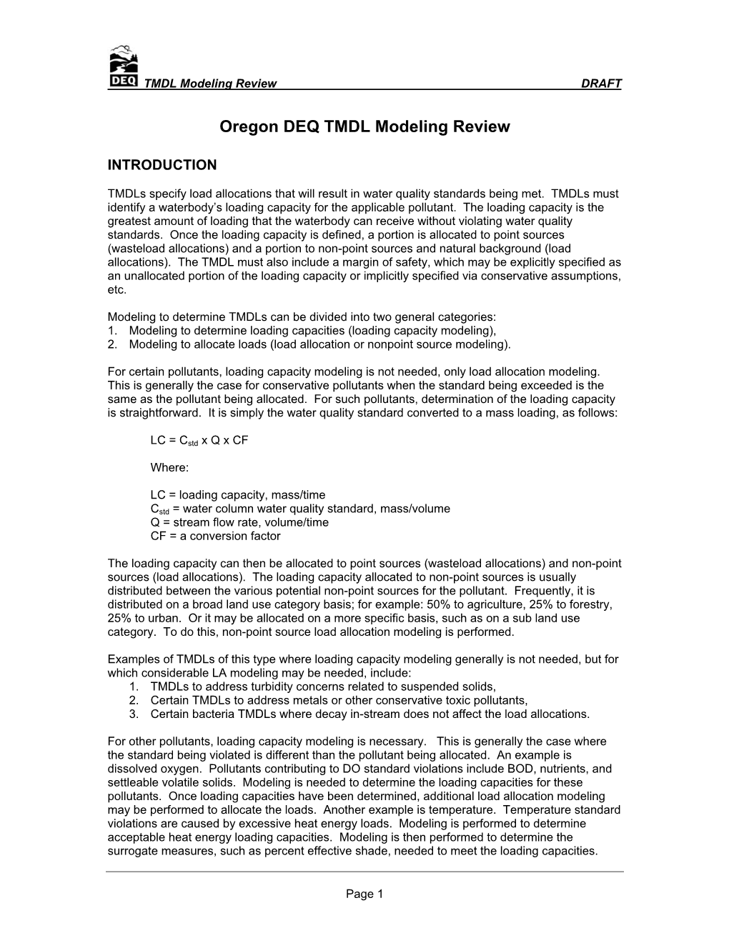 DEQ TMDL Modeling Review