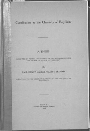 Contributions to the Chemistry of Beryllium