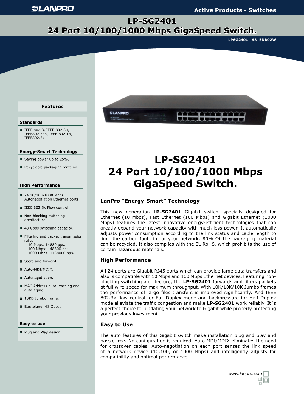 LP-SG2401 24 Port 10/100/1000 Mbps Gigaspeed Switch. LPSG2401 SS ENB02W