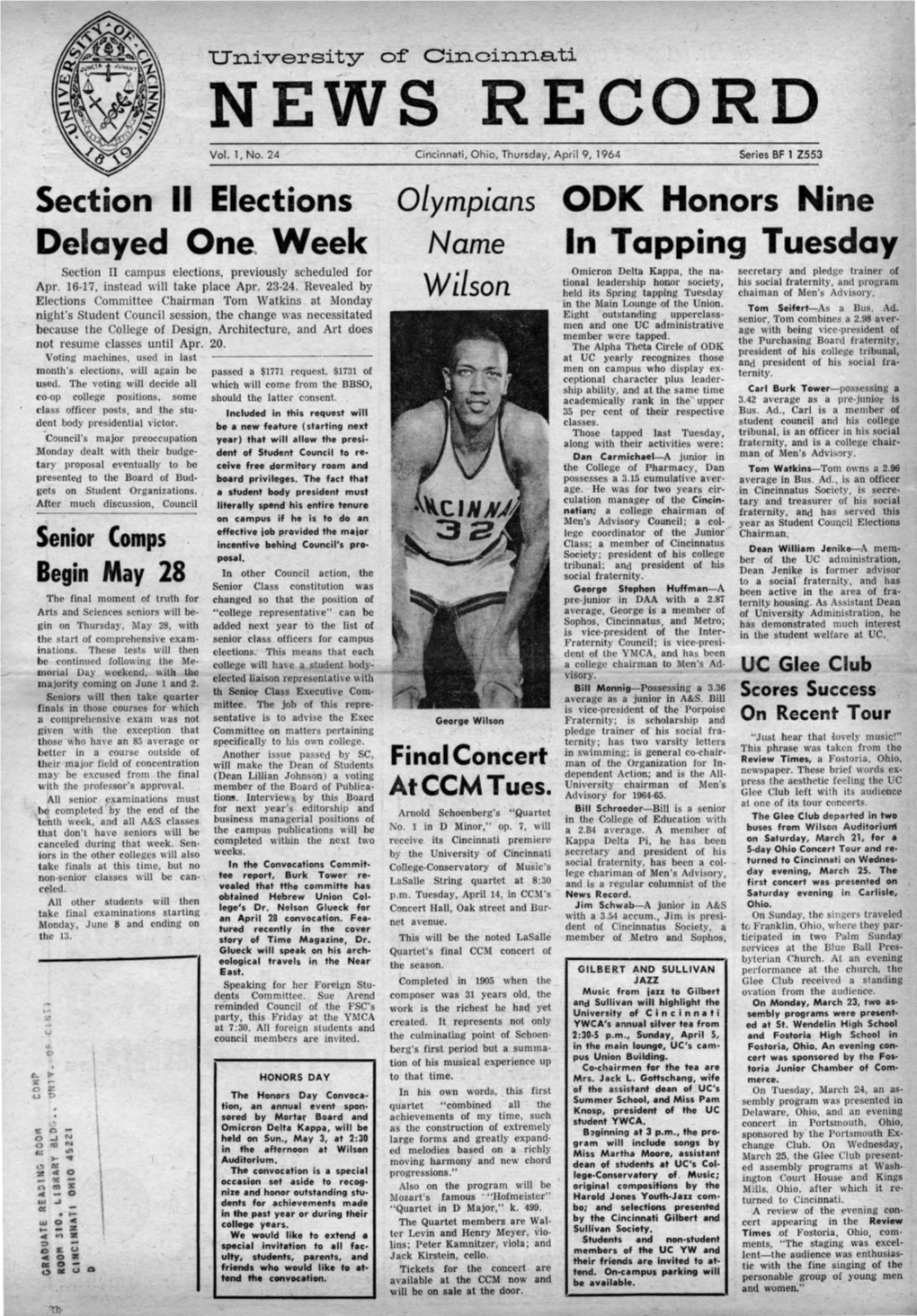 University of Cincinnati News Record. Thursday, April 9, 1964. Vol. L (1