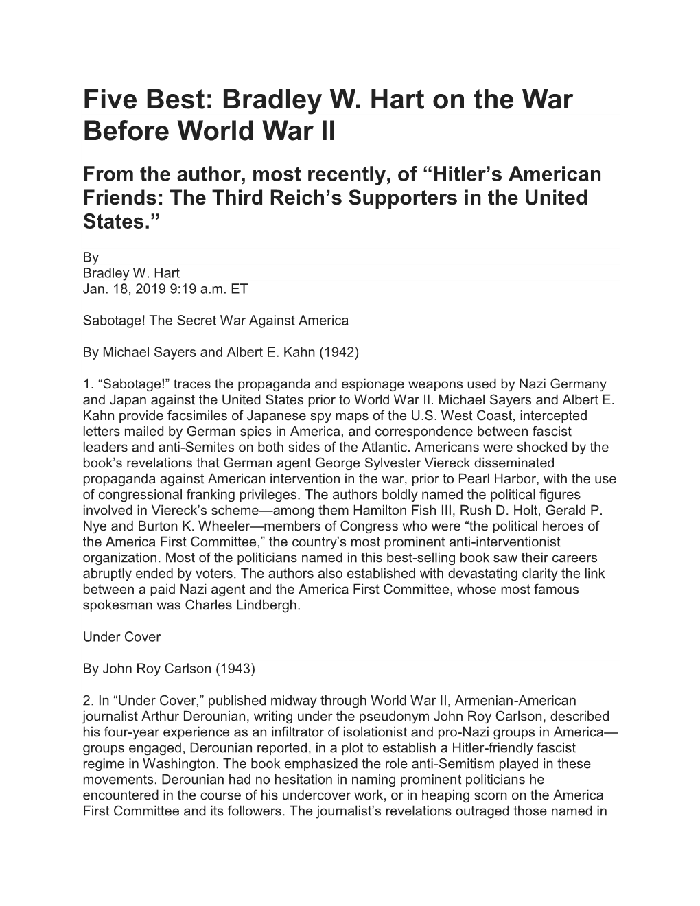 Five Best: Bradley W. Hart on the War Before World War II