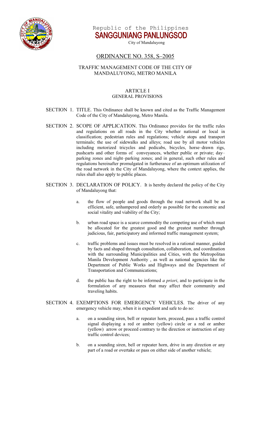 Ordinance No. 358, S–2005