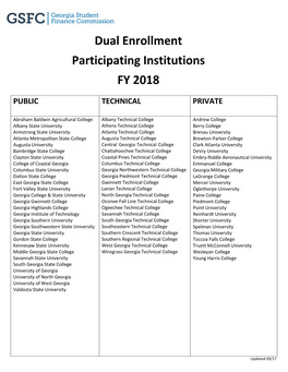 Dual Enrollment Participating Institutions FY 2018