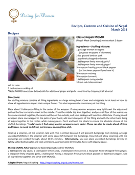 Recipes, Customs and Cuisine of Nepal March 2014 Recipes Classic Nepali MOMO (Nepali Meat Dumplings) Makes About 2 Dozen