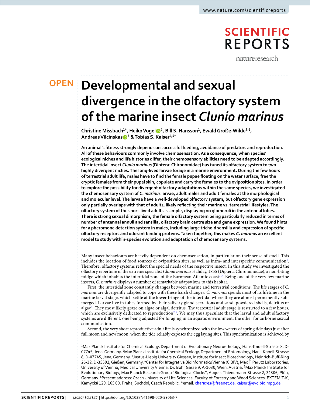 Developmental and Sexual Divergence in the Olfactory System of the Marine Insect Clunio Marinus Christine Missbach1*, Heiko Vogel 2, Bill S