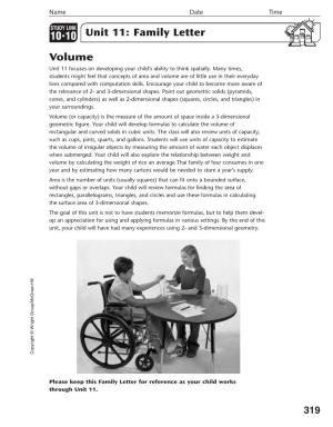 Unit 11: Family Letter Volume Unit 11 Focuses on Developing Your Child’S Ability to Think Spatially