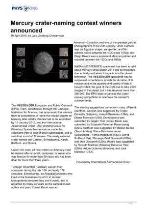 Mercury Crater-Naming Contest Winners Announced 30 April 2015, by Lars Lindberg Christensen