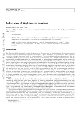 A Derivation of Weyl-Lanczos Equations Important Works in the Literature, the Reader Is Referred to the Review Article [16] by O’Donnell