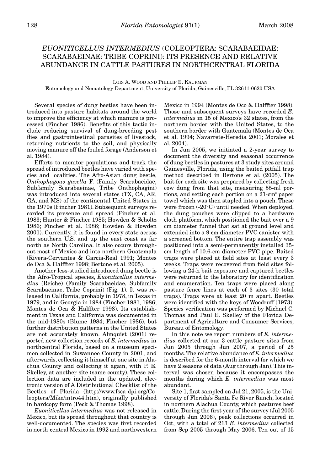 Euoniticellus Intermedius (Coleoptera: Scarabaeidae: Scarabaeinae: Tribe Coprini): Its Presence and Relative Abundance in Cattle Pastures in Northcentral Florida