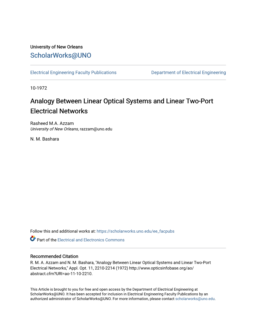 Analogy Between Linear Optical Systems and Linear Two-Port Electrical Networks