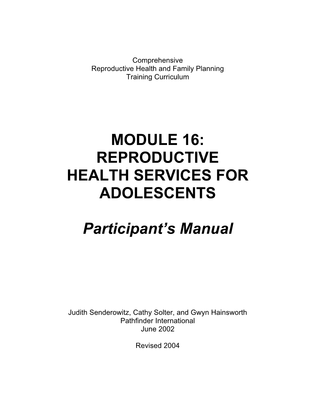 Module 16: Reproductive Health Services for Adolescents