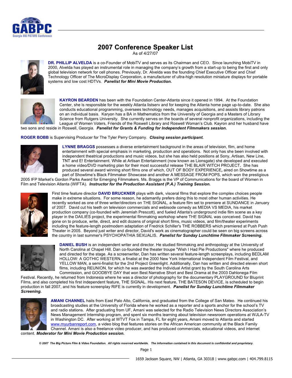 2007 Conference Speaker List As of 4/27/07