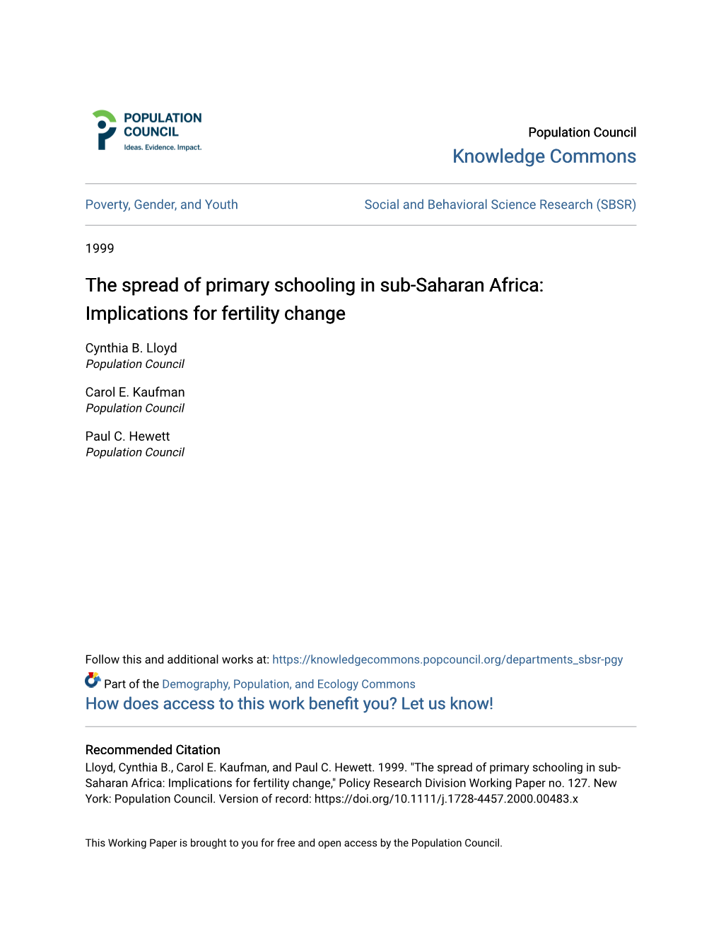 The Spread of Primary Schooling in Sub-Saharan Africa: Implications for Fertility Change