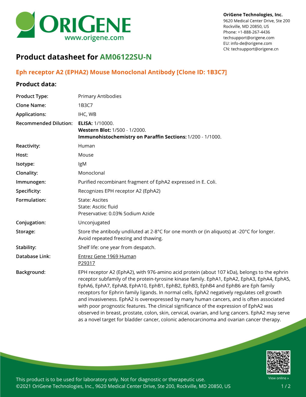 Eph Receptor A2 (EPHA2) Mouse Monoclonal Antibody [Clone ID: 1B3C7] Product Data