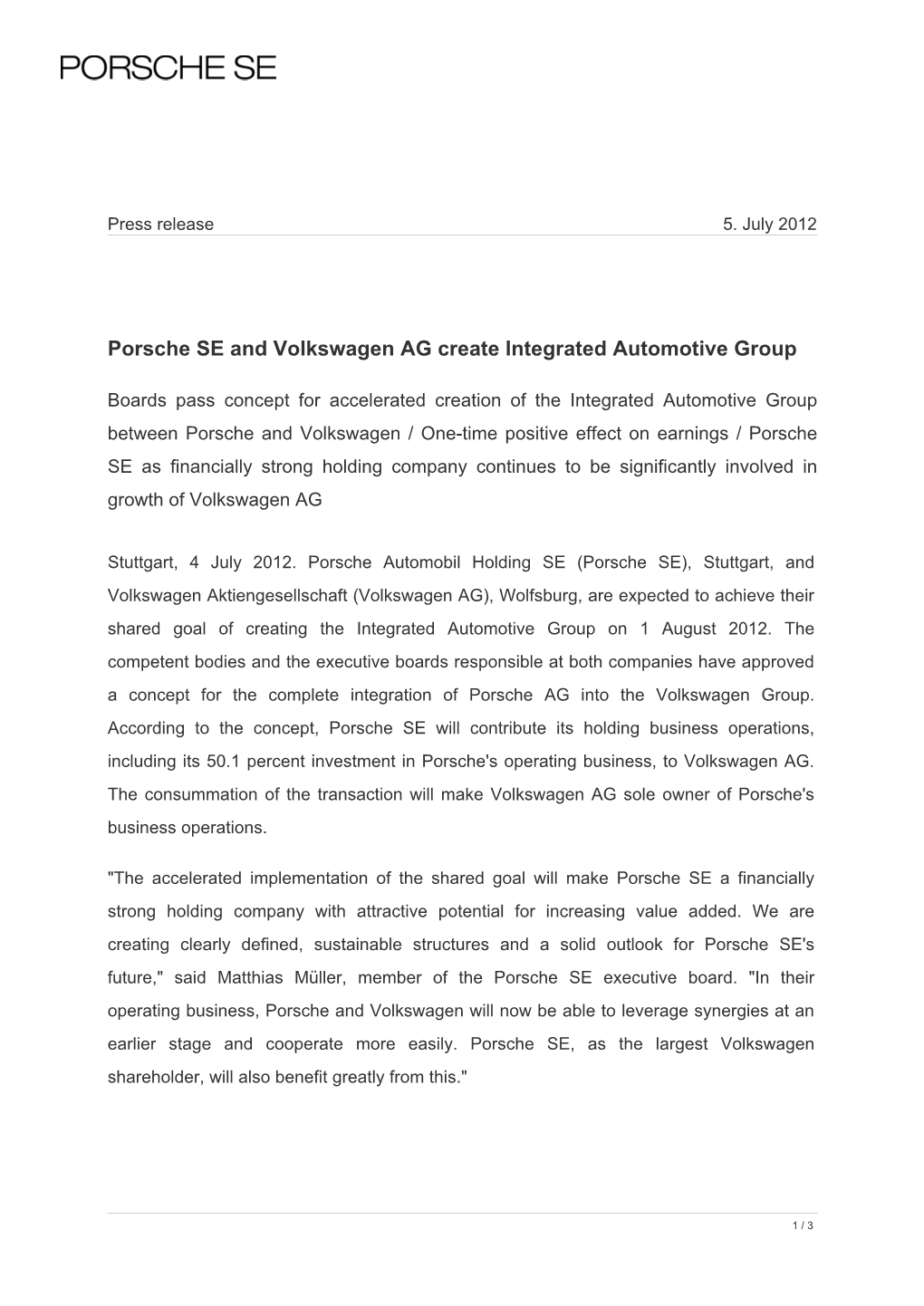 Porsche SE and Volkswagen AG Create Integrated Automotive Group