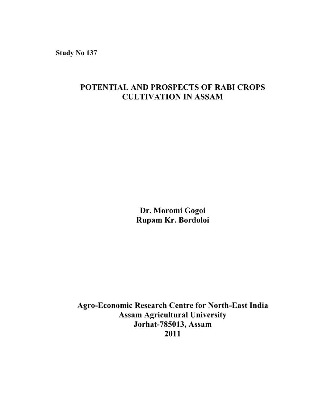 AERC Report on "Potential and Prospects of Rabi Crops Cultivation in Assam"