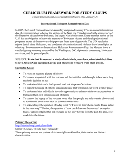 CURRICULUM FRAMEWORK for STUDY GROUPS to Mark International Holocaust Remembrance Day, January 27
