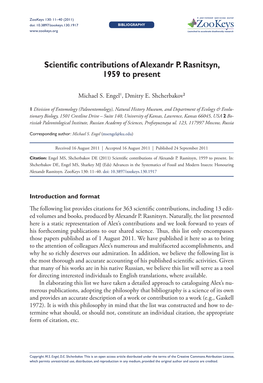 Scientific Contributions of Alexandr P. Rasnitsyn, 1959 to Present