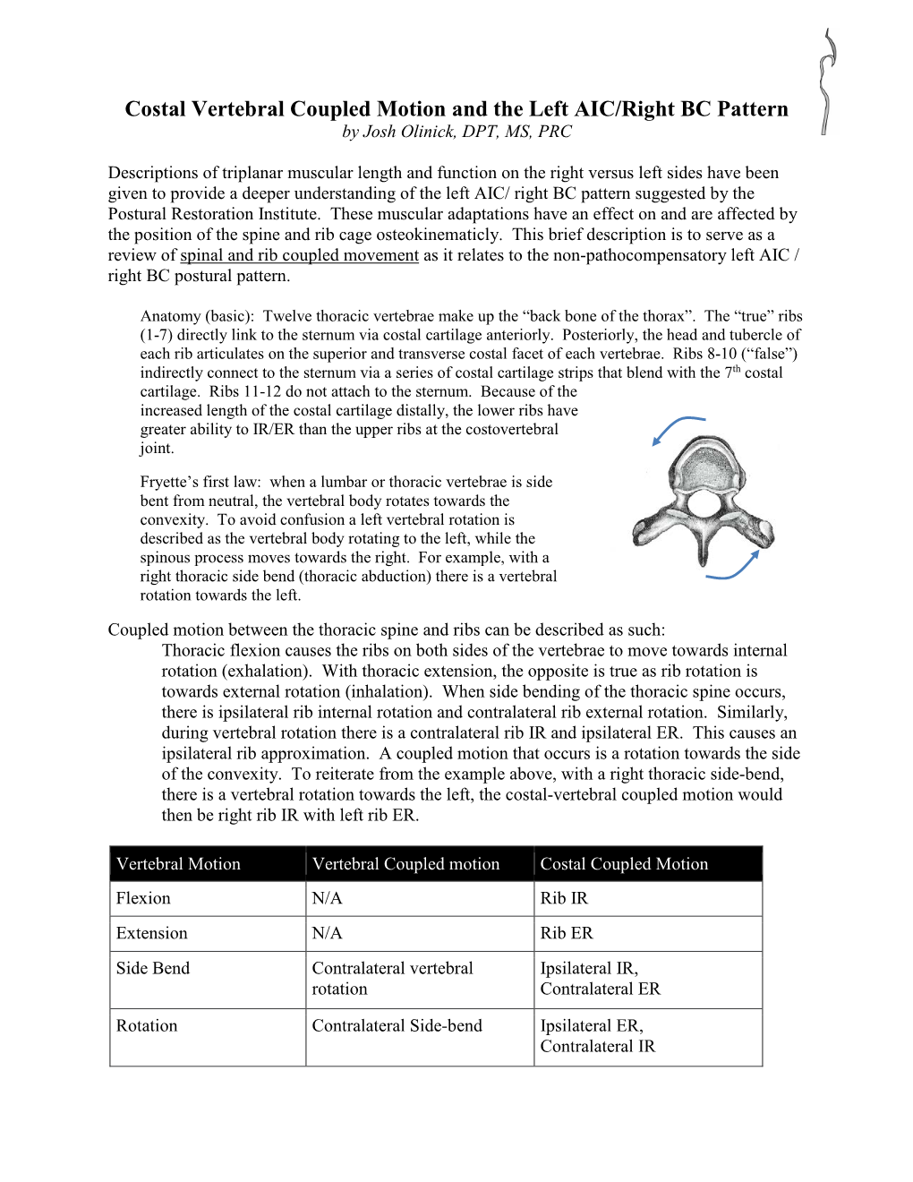 Costal Vertebral Coupled Motion and the Left AIC/Right BC Pattern by Josh Olinick, DPT, MS, PRC