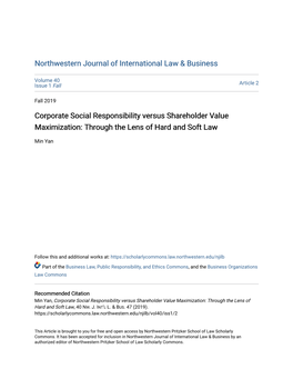 Corporate Social Responsibility Versus Shareholder Value Maximization: Through the Lens of Hard and Soft Law