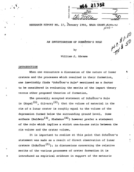 Researa REPORT NO. 17, January 1966, NASA Grantf24b-61 When One Encounters a Discussion of the Nature of Lunar Craters and the P