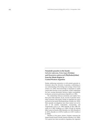 Nematode Parasites in the Lizards Salvator Rufescens, Teius Teyou (Teiidae) Acknowledgement