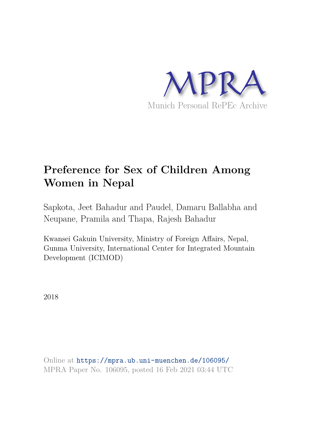 Preference for Sex of Children Among Women in Nepal